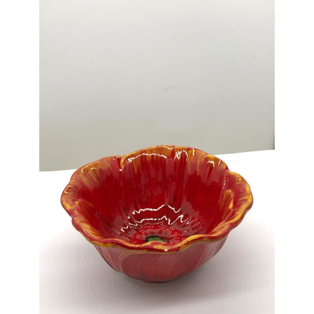 Pier 1 Imports Poppies Hand Painted Earthenware Red Floral Scalloped Bowl 5.5in